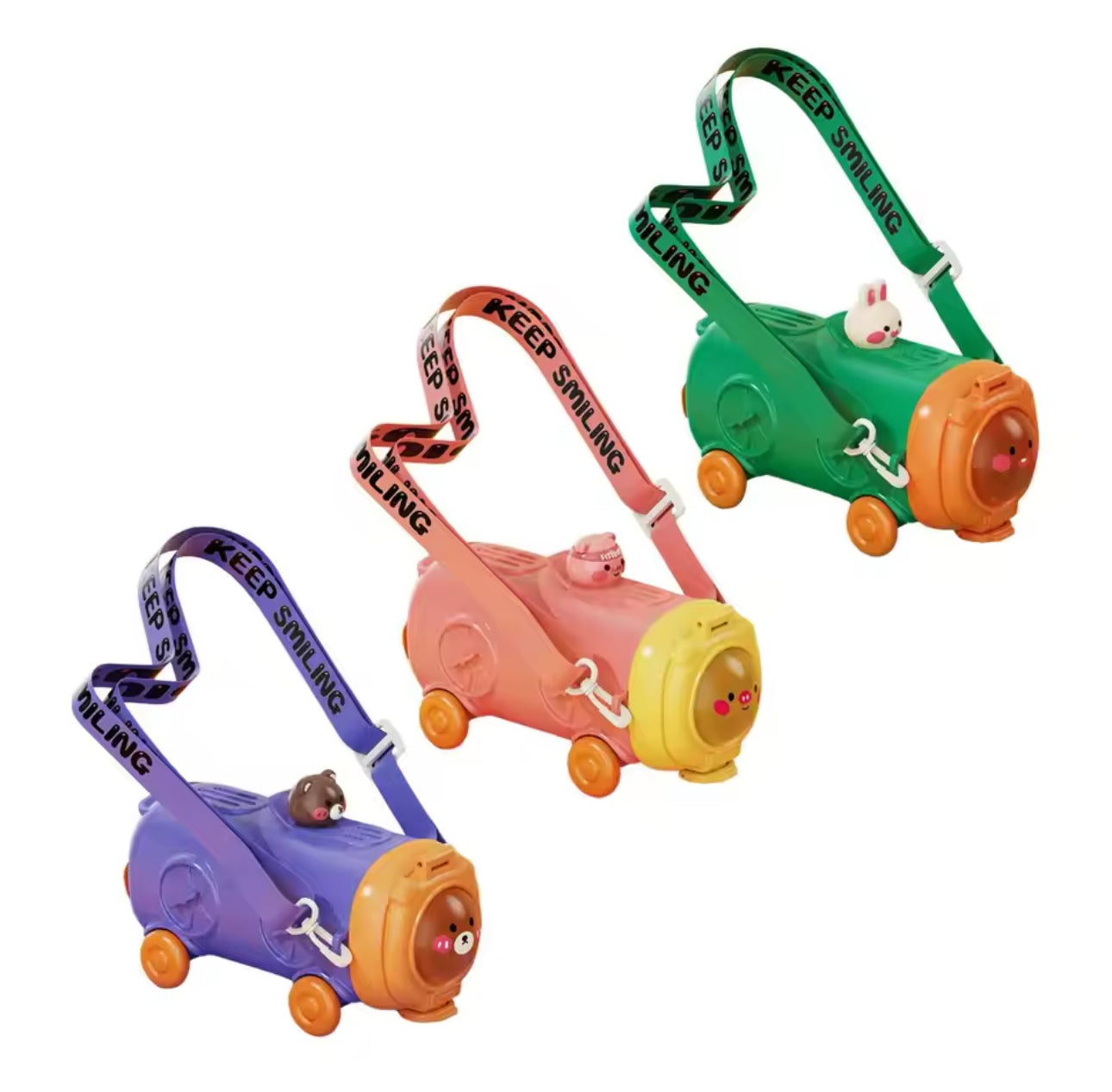A set of three kids' water bottles designed to look like colorful toy buses with animal faces, each with a unique color combination and wheels.