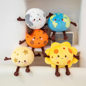 Sunnyo Planet Pals soft plush toys – Moon, Earth, Sun, Mars, and Venus plushies with cute smiling faces on display