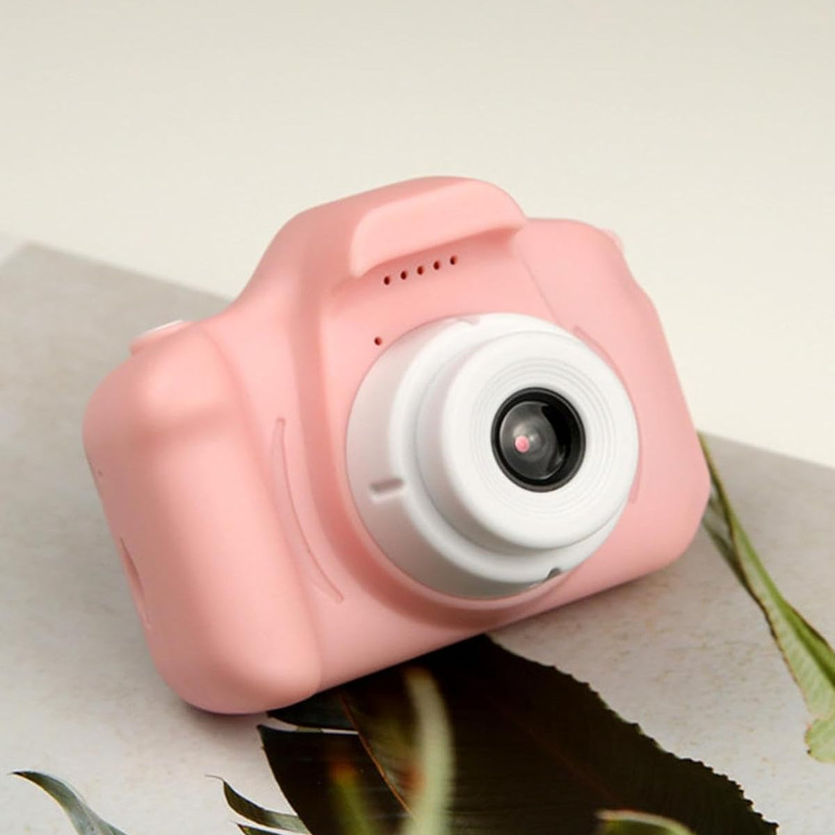 Pink toy camera on a surface with leaves in the background