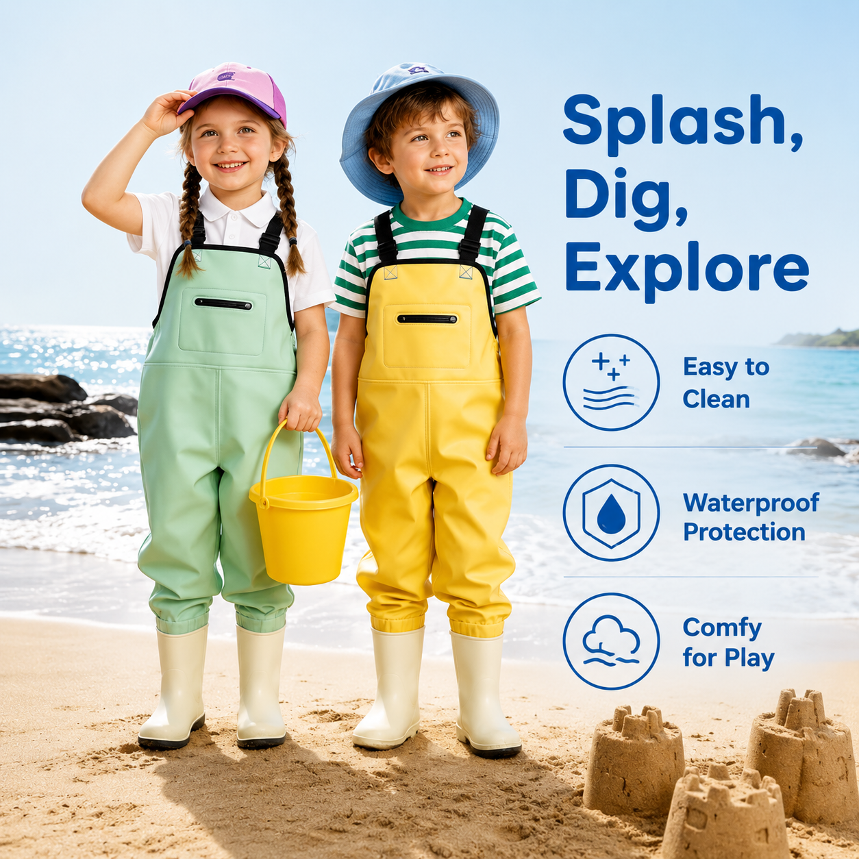 SplashSuit - Kids Waterproof Waders with Boots for Water & Mud Play